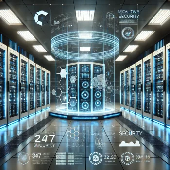 DALL·E 2025-03-23 14.55.45 - A high-tech, futuristic data center with rows of server racks illuminated by blue and white LED lights. A central monitoring station with multiple scr